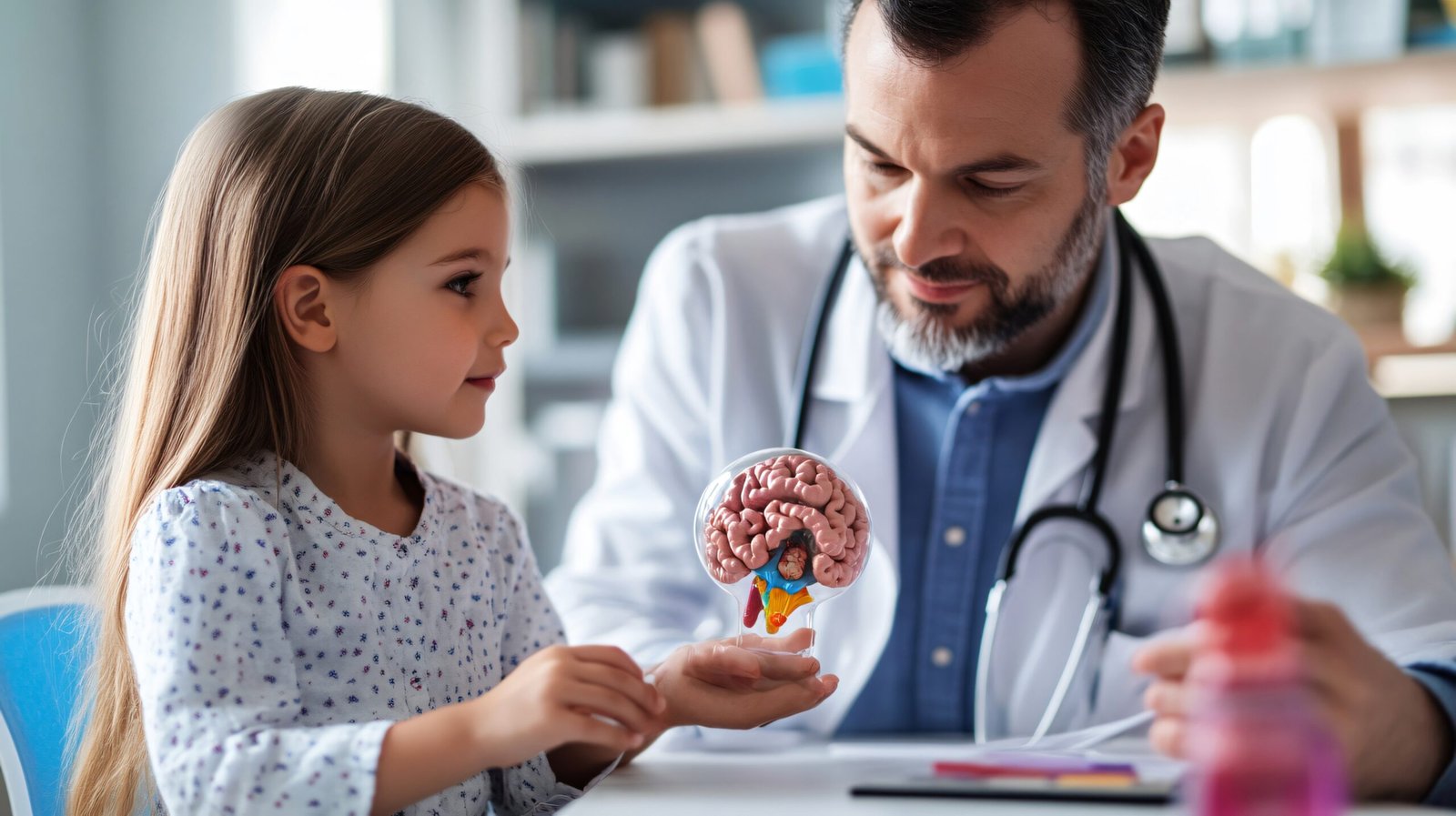 endocrinologist-demonstrating-thyroid-gland-model-child