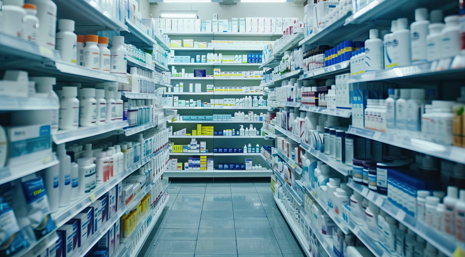 Pharmacy theme background. Medicine cabinets and Pharmacy Shelves. High quality AI generated image.
